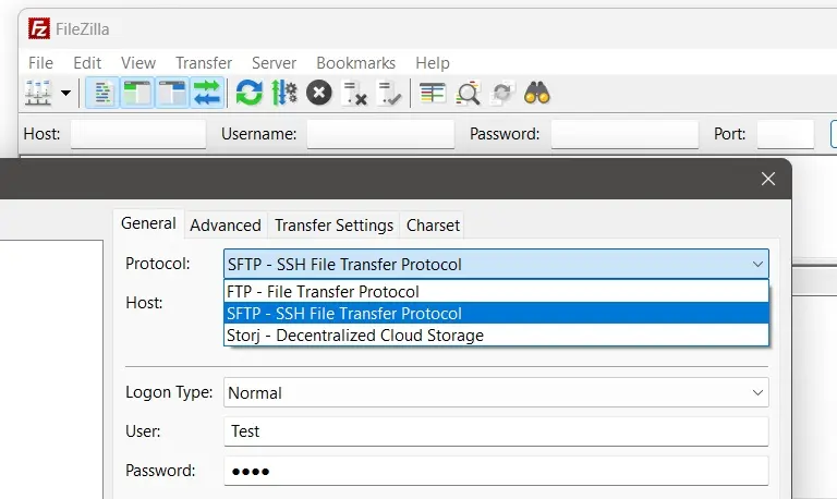 Seleccionar SFTP en el gestor de servidores de FileZilla Imagen: Seleccionar SFTP en el gestor de servidores de FileZilla