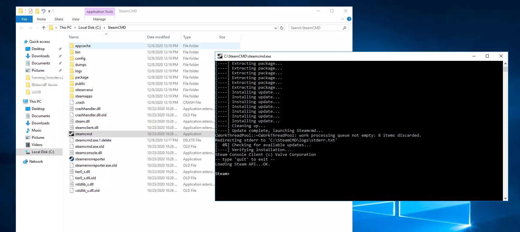 Imagen: Instalación de SteamCMD en la interfaz de línea de comandos de Windows