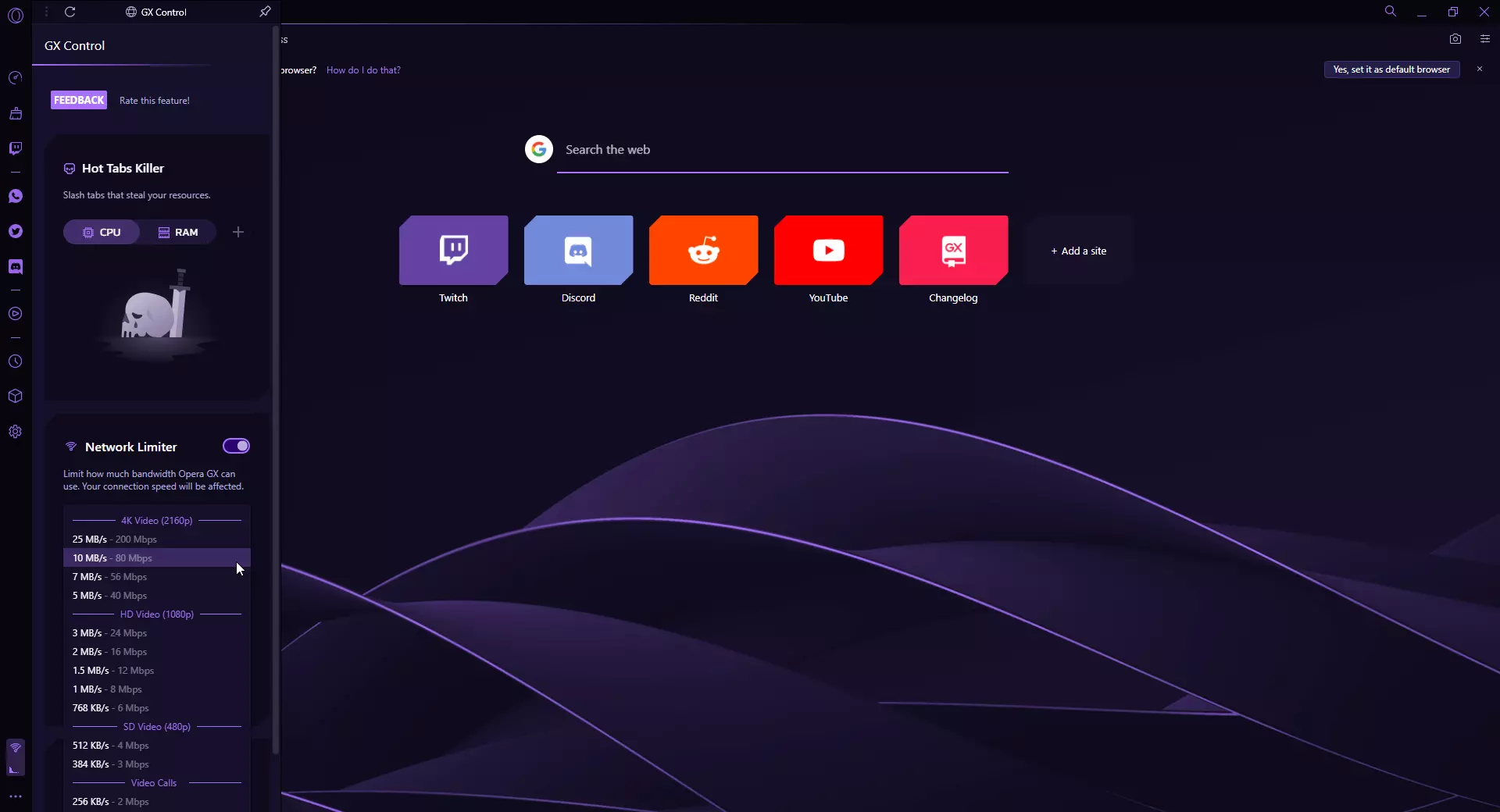 Imagen: La ventana GX Control en el Opera GX gaming browser