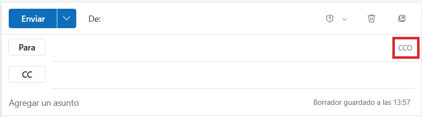 Imagen: Versión online de Outlook: botón “CCO” en la pestaña “Mensaje”