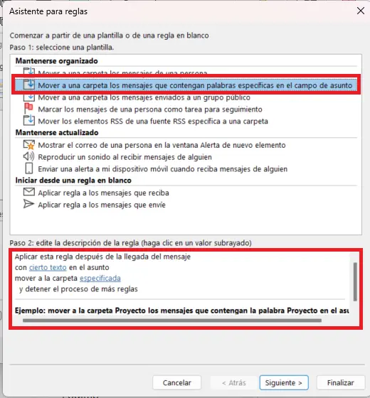 Imagen: Asistente para reglas en Outlook: selección de una plantilla