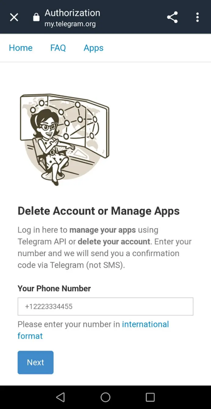 Página web de Telegram para “Eliminar una cuenta”: introducir tu número de teléfono Imagen: Página web de Telegram para “Eliminar una cuenta”: introducir tu número de teléfono