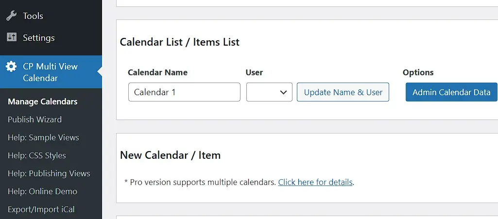 Imagen: Panel de administraci&oacute;n del calendario de WordPress CP Multi View Event Calendar