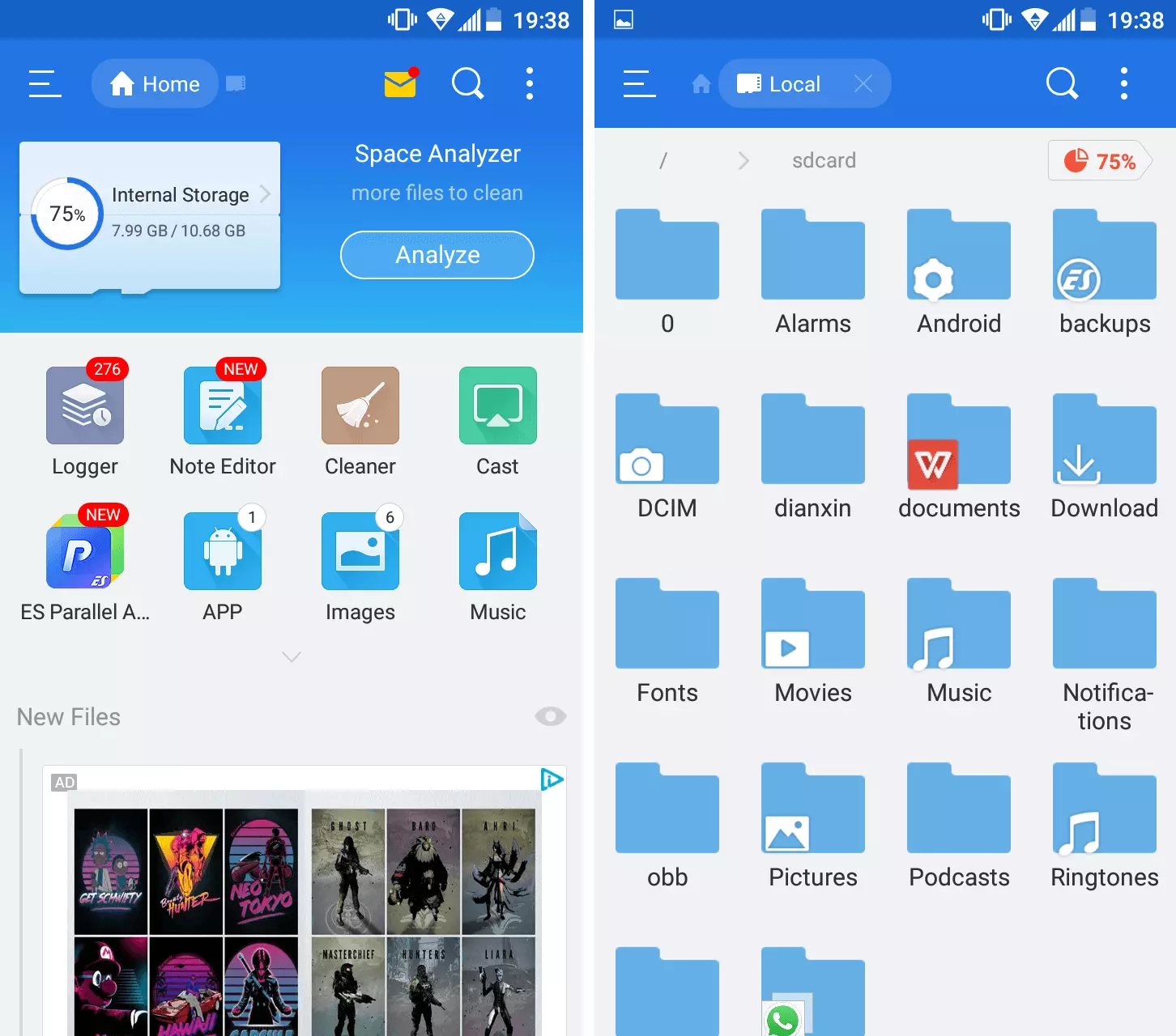 Imagen: Interfaz de usuario del gestor para archivos para Android ES Explorador de Archivos