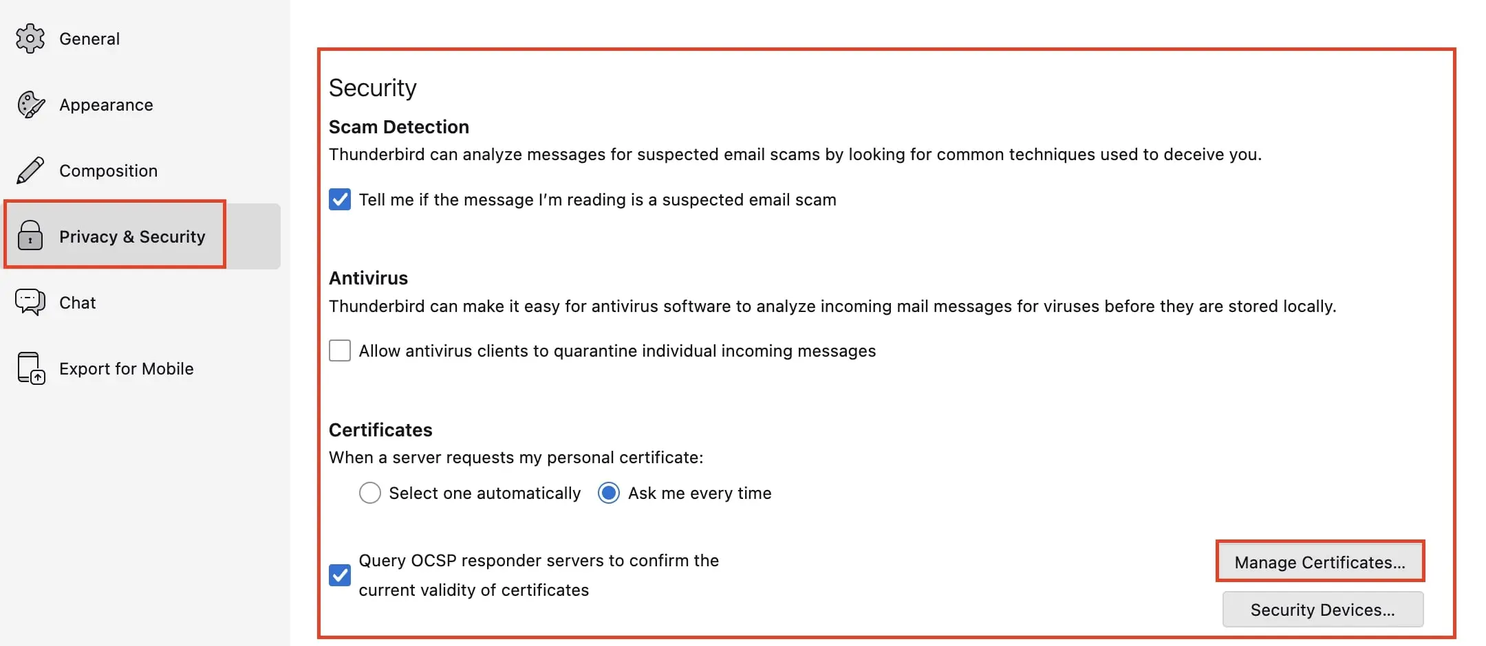 Imagen: Configuraci&oacute;n de privacidad y seguridad en Thunderbird