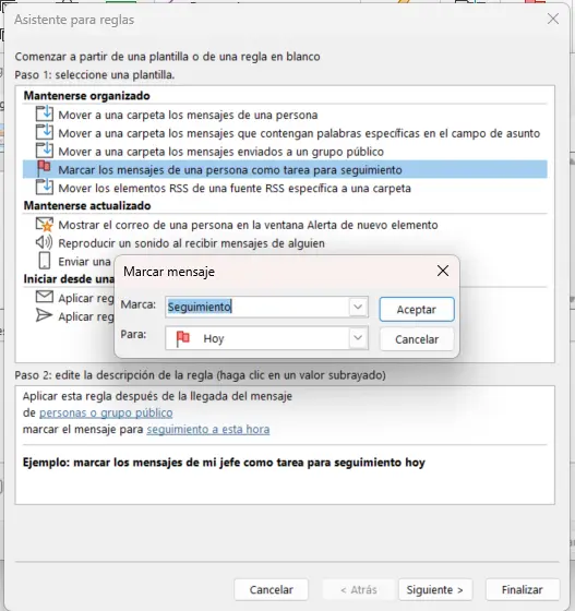 Imagen: El Asistente para reglas de Outlook: mensaje con marca