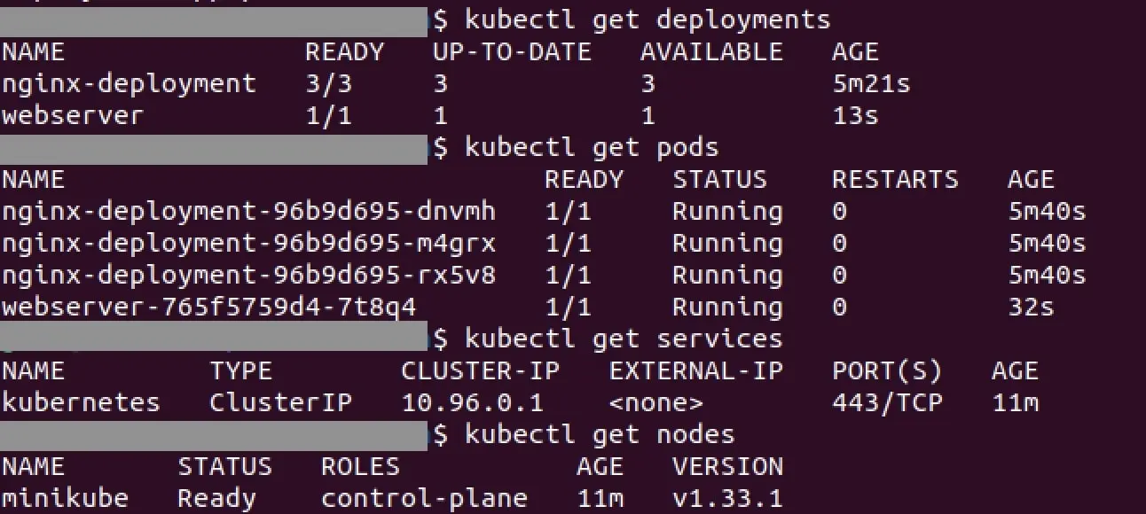 Imagen: Terminal con varios comandos y resultados de Kubernetes