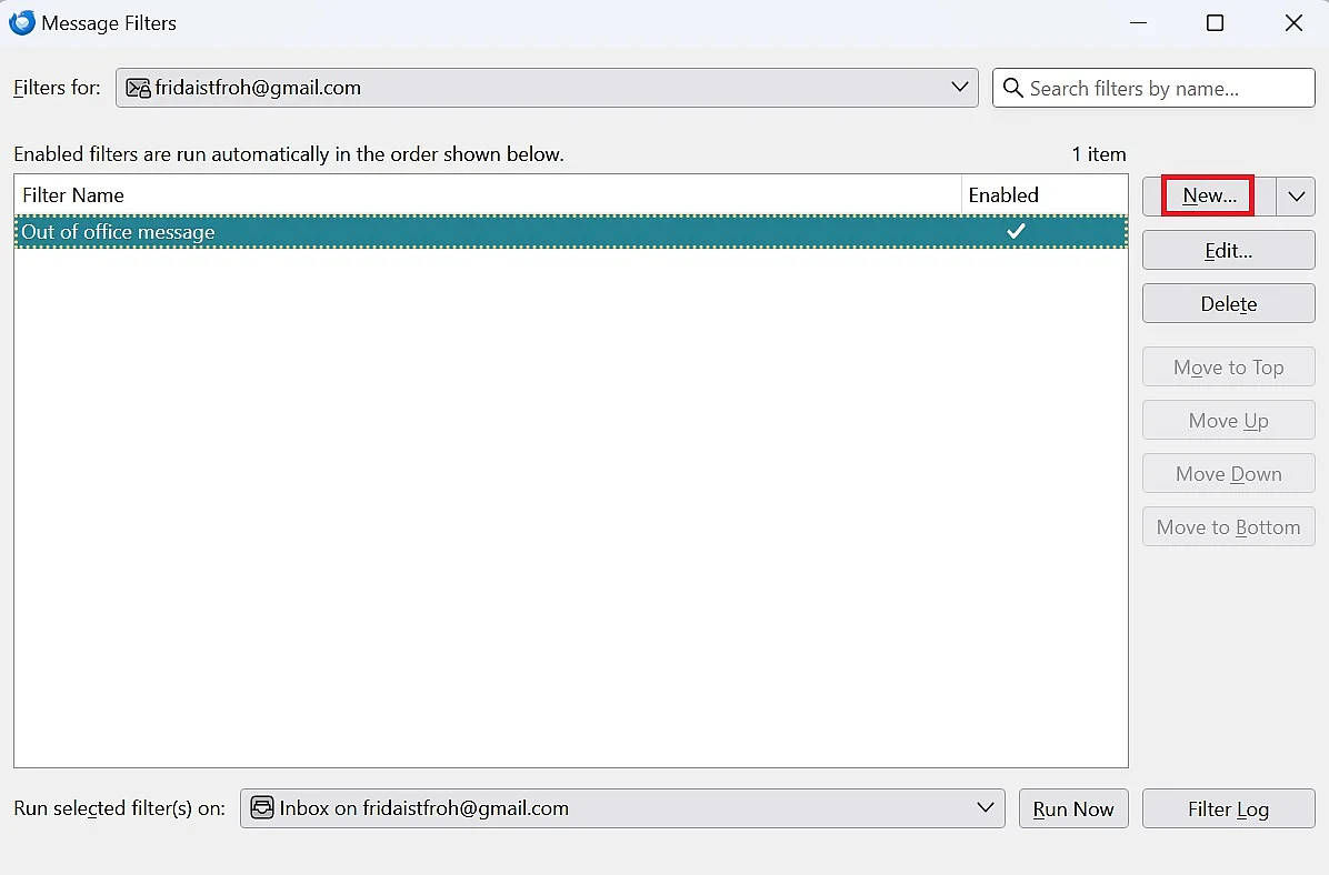 Imagen: Configurar respuesta automática en Thunderbird: configurar un filtro nuevo