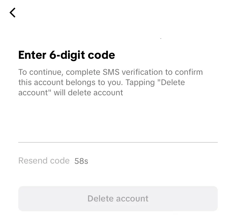 Eliminar TikTok: campo para introducir el código de confirmación Imagen: Eliminar TikTok: campo para introducir el código de confirmación