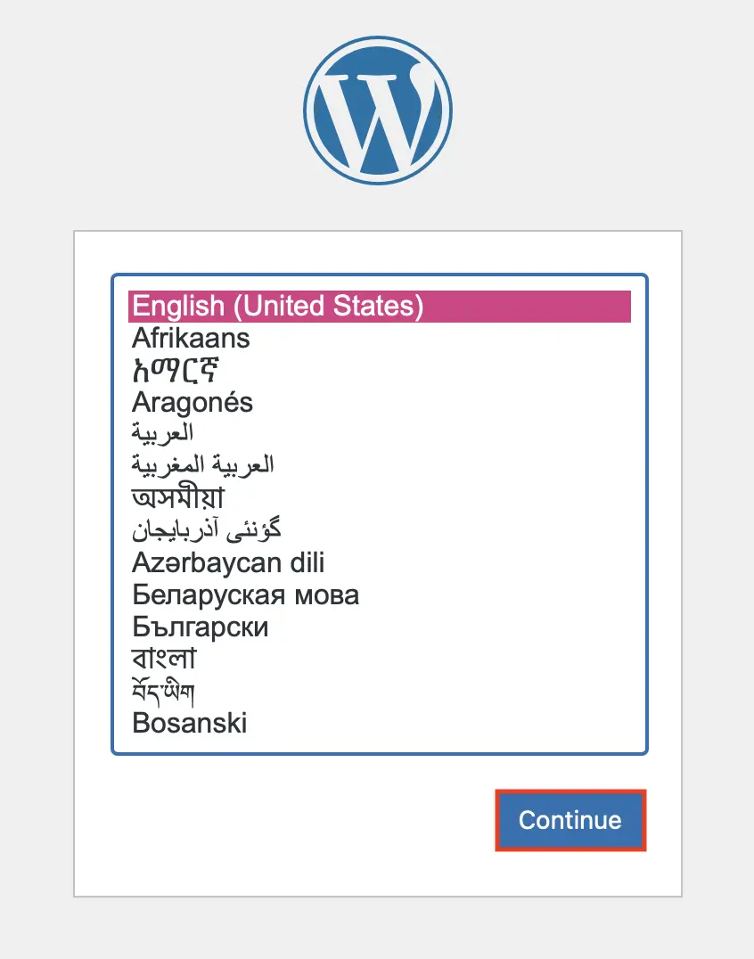 Imagen: Captura de pantalla de la selección de idioma en Wordpress
