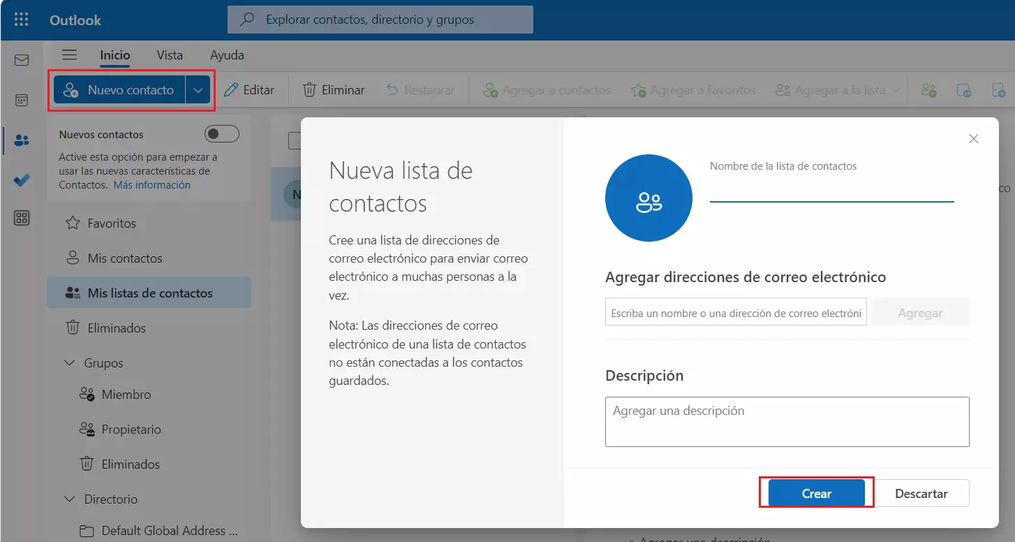 Crear lista de distribución en Outlook en la web Crear lista de distribución en Outlook en la web