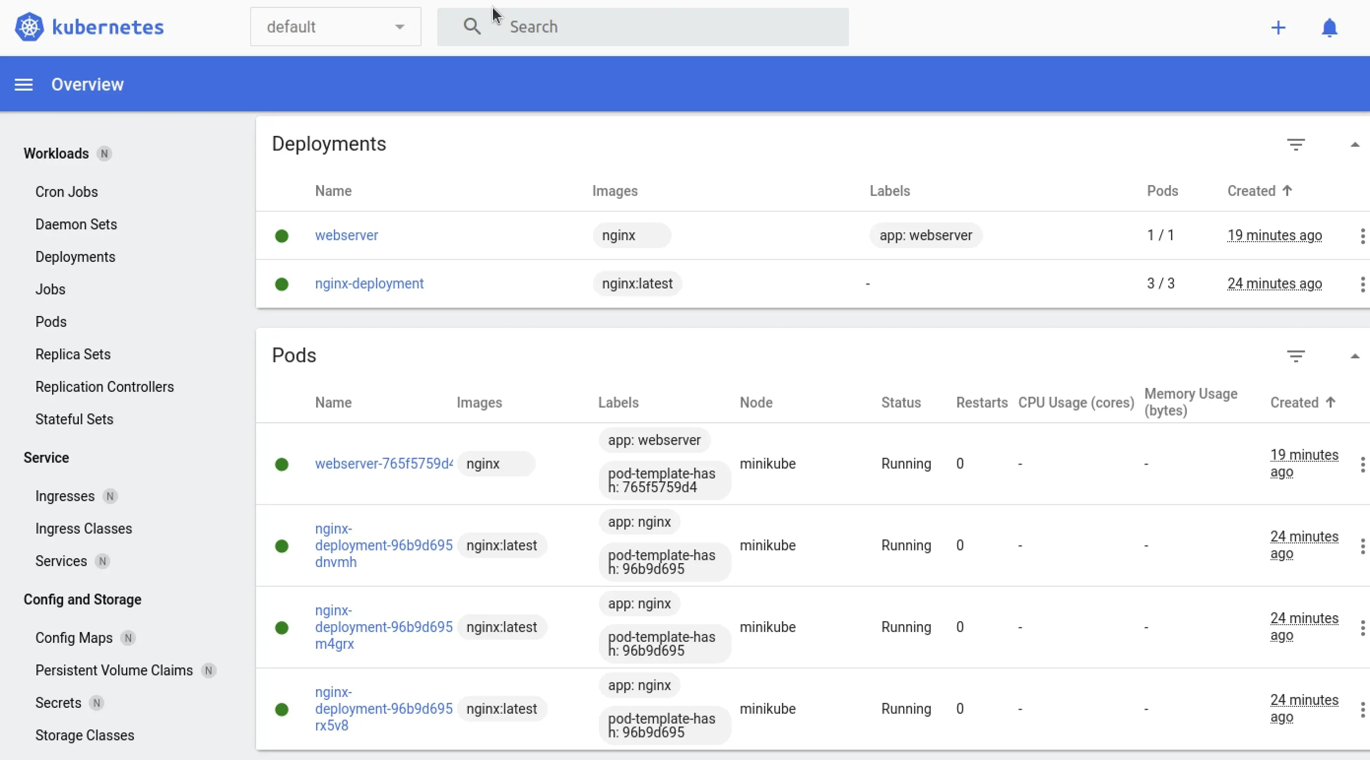 Imagen: Panel de control de Kubernetes con dos despliegues y cuatro pods