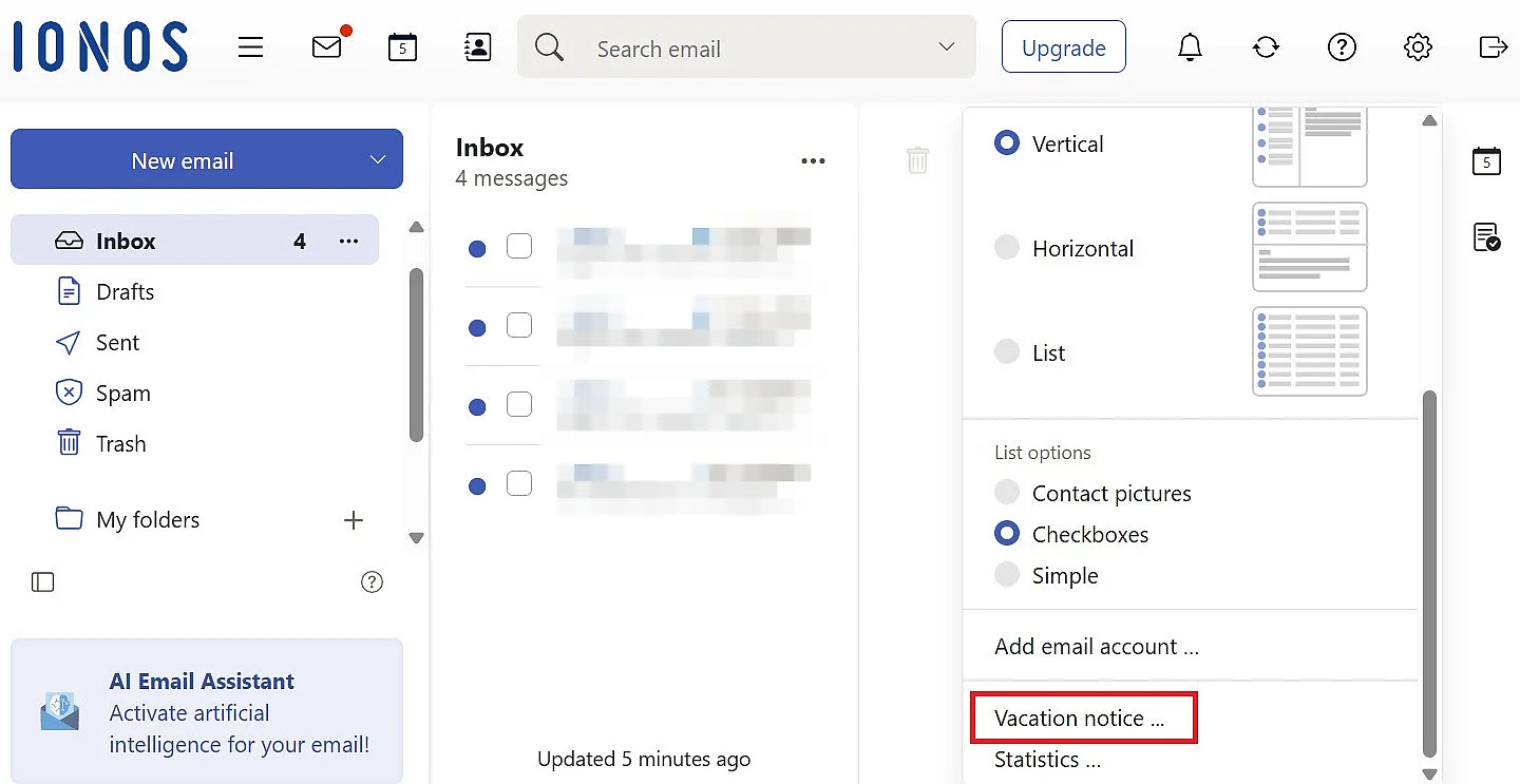 Imagen: Configurar la respuesta automática en IONOS