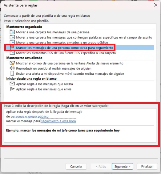 Imagen: Asistente para reglas de Outlook: selección de una plantilla