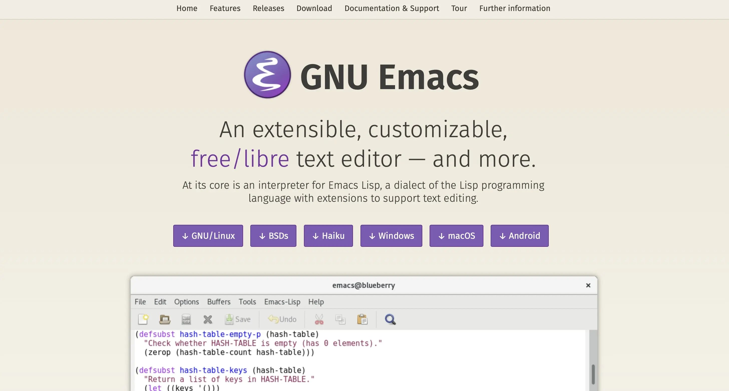 Imagen: Captura de pantalla de la página principal de GNU Emacs
