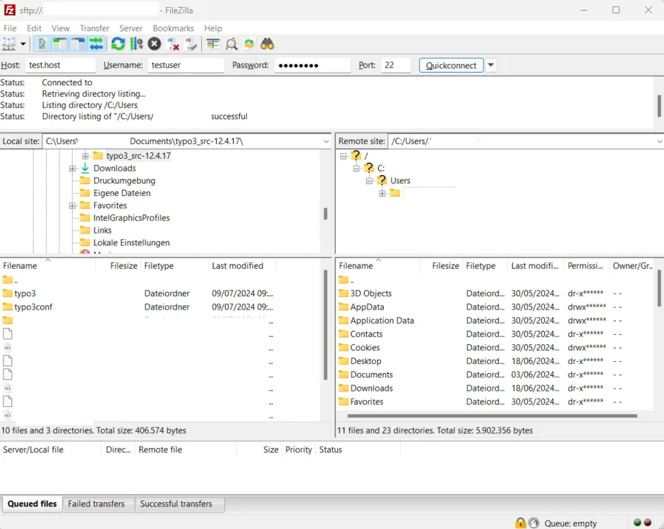 Imagen: Interfaz del programa FTP que muestra la ventana de estado en la parte superior, el directorio local a la izquierda y el directorio del servidor a la derecha
