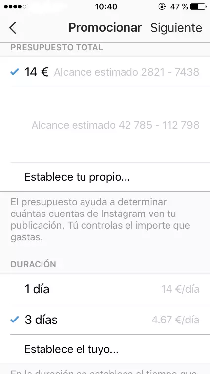 Menú para seleccionar el presupuesto y la duración en el administrador de anuncios de Instagram