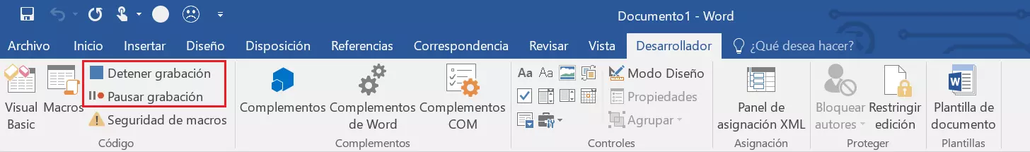 “Detener grabación” en las herramientas de desarrollador en Word 2016