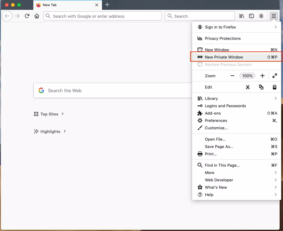 Abrir una nueva ventana privada en Firefox a través del menú