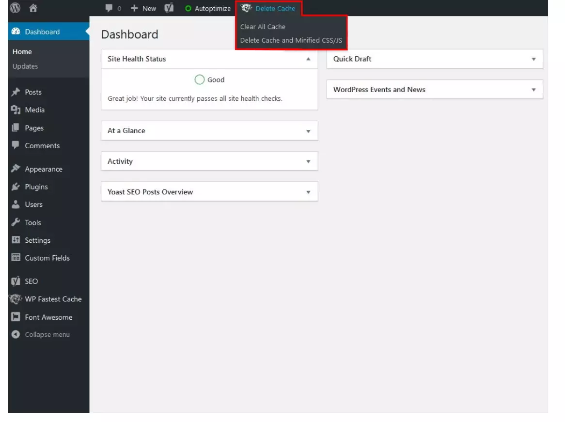 borrar la caché de WordPress desde el panel de control de WP Fastest Cache