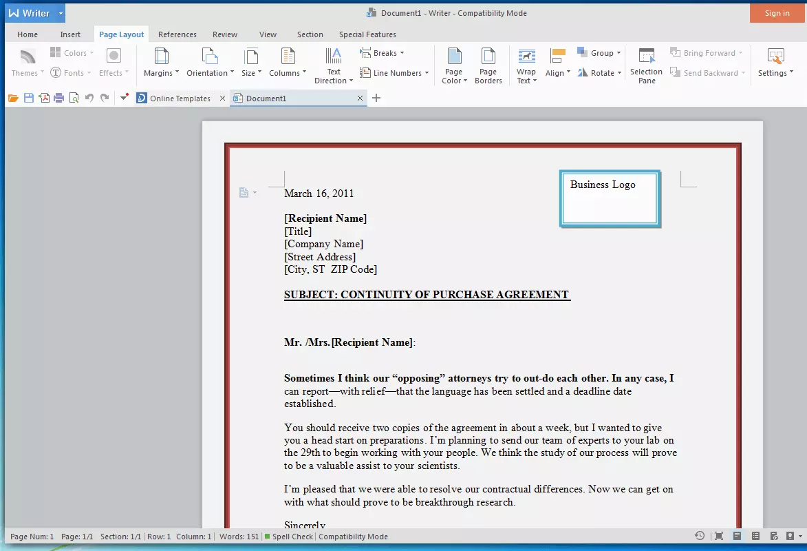 Captura de pantalla de Writer en WPS Office