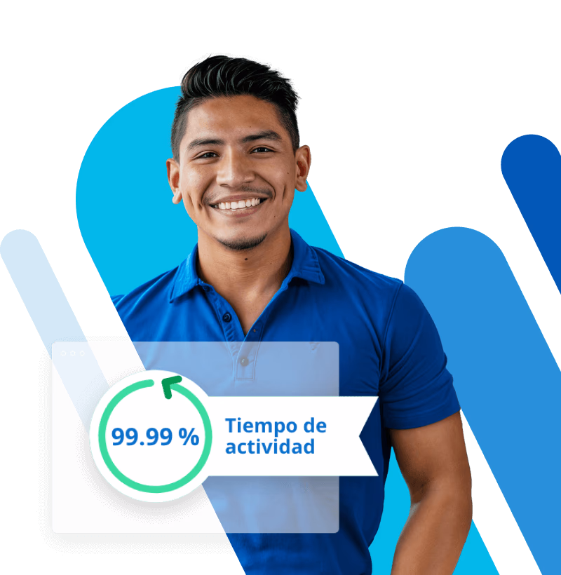 Hombre sonriente y texto que dice "99.99% tiempo de actividad"